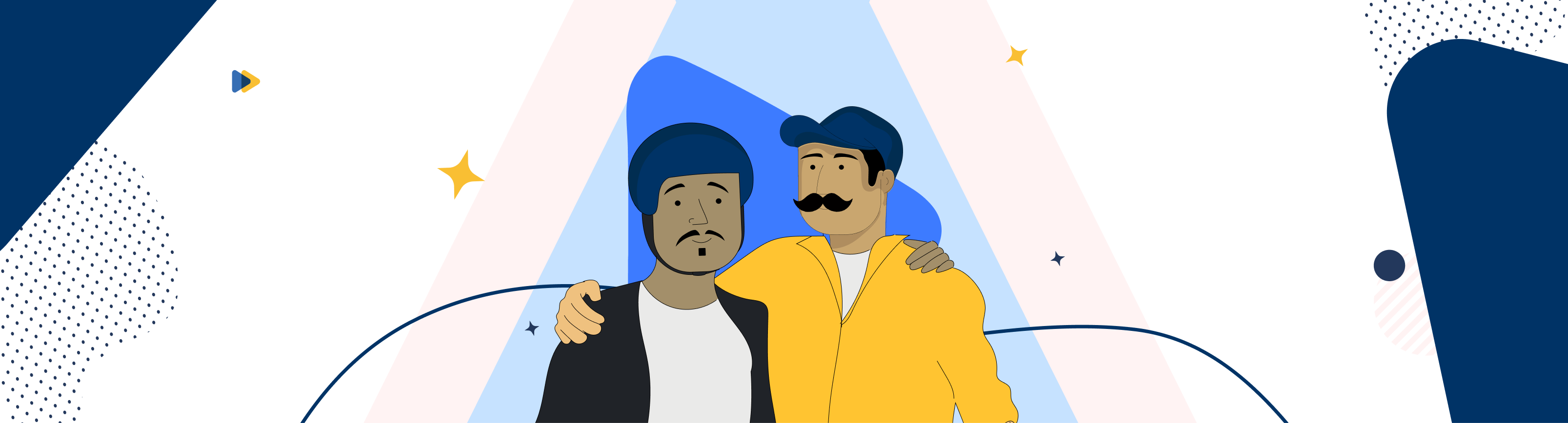 Hombres repartidores abrazándose con bigotes y gorras azules